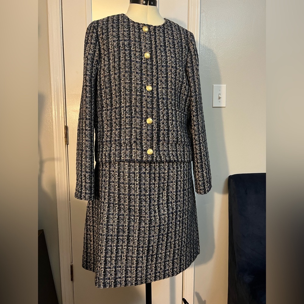 J. Crew Navy and Gold Tweed Skirt/Jacket  set